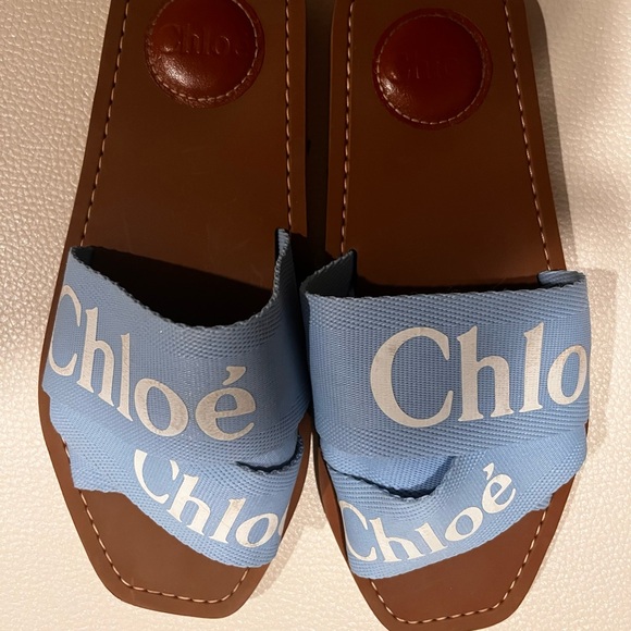 Chloe Shoes - Chloe Light Blue Canvas/Brown Leather Woody Slide Sandals